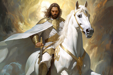 Jesus Christ with the name of Michael sitting on a white horse Victory over the forces of evil Generative AI Illustration