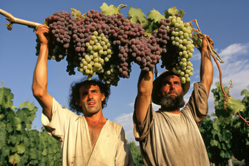 The spies of Canaan sent by Moses carrying giant grapes Generative AI Illustration
