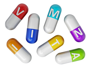 Vitamin pills isolated on transparent background. 3D illustration