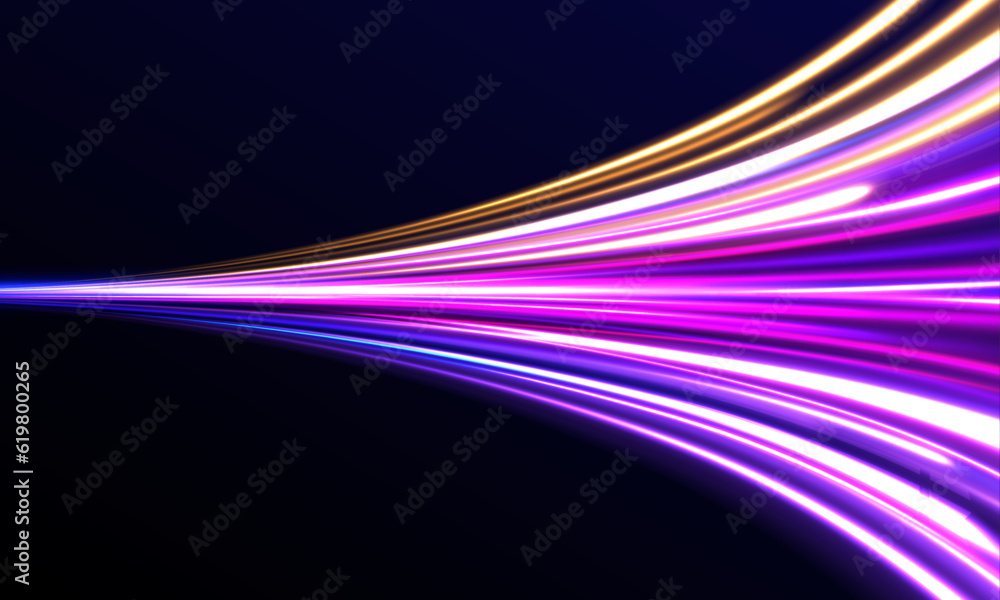 Poster acceleration speed motion on night road. magic moving fast speed police lines. laser beams luminous 