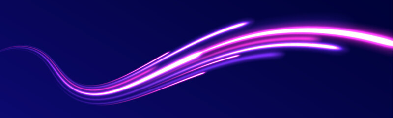 Night starry sky. Meteor shower, abstract space background. Neon Color Blurred Motion On Speedway.  Abstract light lines of movement and speed with purple color sparkles. 