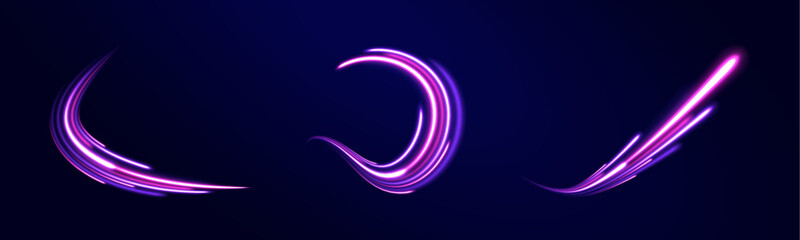 Creative vector illustration of flying cosmic meteor, planetoid, comet, fireball isolated on transparent background. Neon glowing rays speed line technology scince background. 