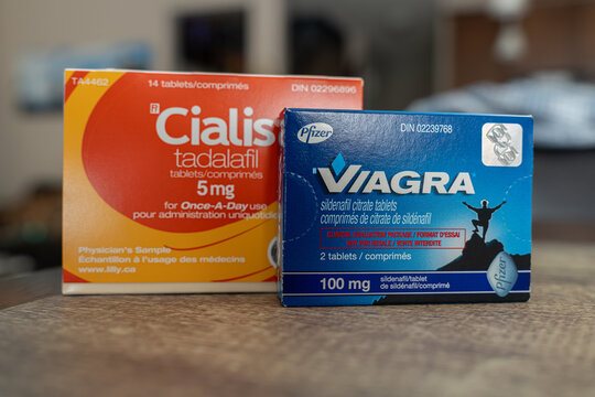 June 27 2023 - Calgary Alberta Canada - Packets of Cialis and Viagra medicine
