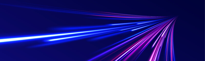 Speed light streaks vector background with blurred fast moving light effect, blue purple colors on black. Glowing street exposure. Blurred motion. Sparkling flow. Vector abstract dynamic dark.  © ANATOLII