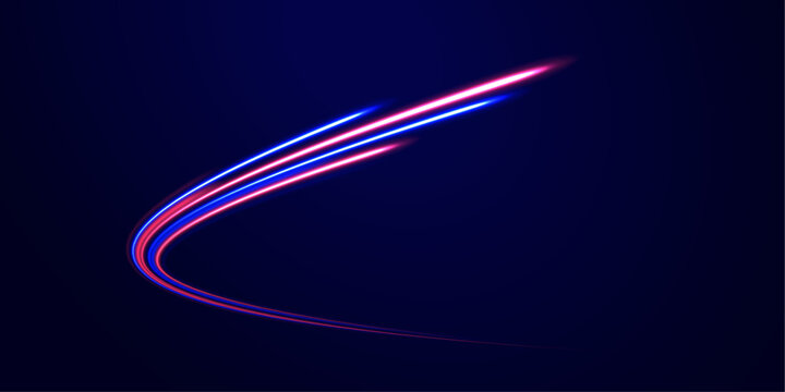 Creative vector illustration of flying cosmic meteor, planetoid, comet, fireball isolated on transparent background. Neon glowing rays speed line technology scince background. 