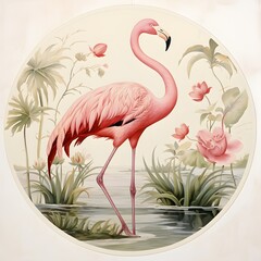 Beautiful flamingo in a circle with tropical flowers