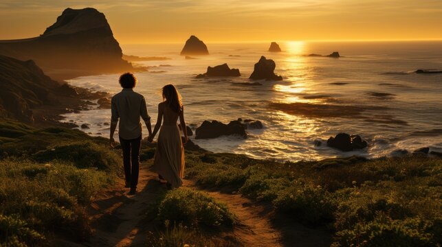 silhouette of a cuple walking on the beach, ai generative