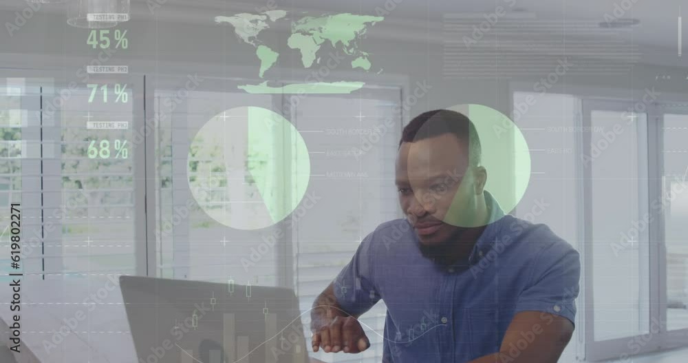 Poster animation of statistical data processing against african american man using laptop at home