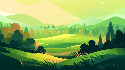 Obraz premium Digital illustration of summer spring nature landscape. Valley with green meadows flowers trees blue sky with white clouds. Panoramic view. Long banner with copy space