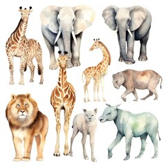 Obraz na płótnie Canvas Vintage watercolor African Animals clip art set on white background Generative AI 
