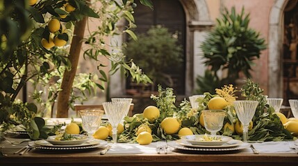 Fototapeta na wymiar wedding and holiday in Italy. Festive party decorated with lemons. festive table, which is decorated with lemons and herbs, on the table are plates, glasses and candles. 