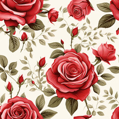 Seamless pattern of red rose flowers and leaves on a white background. Seamless design of ripe rose hips for fabric, paper, printing. Generative AI. - obrazy, fototapety, plakaty