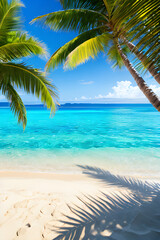 Plakat Summer tropical concept, tropical paradise with palm leaves. Summer seascape with clear water on a sunny day.