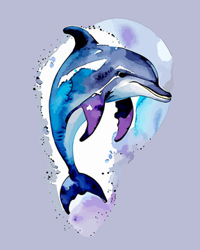 Watercolor dolphin on a white background. Beautiful colorful dolphin. Inhabitant in the waters of the oceans. Dolphin watercolor. For postcard, book, poster, banner. Vector illustration