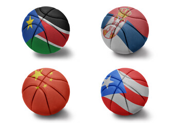 basketball balls with the national flags of china south sudan puerto rico serbia on the white background. Group b