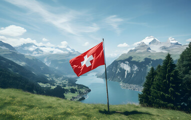 swiss flag on the swiss mountains