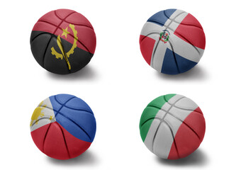 basketball balls with the national flags of angola dominican republic philippines italy on the white background. Group a
