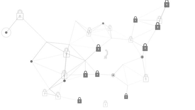 Detailed lock symbol with wiring diagram in the middle. Plexus background of triangles with icons of locks and dots in the vertices. Light diagram part 1. Topics of systems and security. Light model.