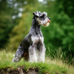 Miniature Schnauzer standing on the green meadow in summer. Miniature Schnauzer dog standing on the grass with a summer landscape in the background. AI generated illustration.