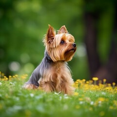 Yorkshire Terrier sitting on the green meadow in summer. Yourkshire Terrier dog sitting on the grass with a summer landscape in the background. AI generated illustration.