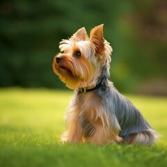 Yorkshire Terrier sitting on the green meadow in summer. Yourkshire Terrier dog sitting on the grass with a summer landscape in the background. AI generated illustration.