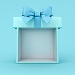 Blank blue gift box showcase display stand with blue ribbon bow isolated on blue pastel color background with shadow minimal conceptual 3D rendering