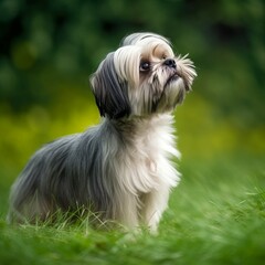 Shih Tzu sitting on the green meadow in summer. Shih Tzu dog sitting on the grass with a summer landscape in the background. AI generated illustration.