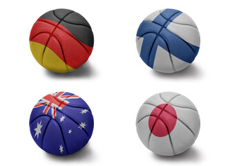 basketball balls with the national flags of germany japan finland australia on the white...