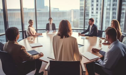 Female CEO in a boardroom meeting with her team of regional managers, woman leadership in workplace generative AI - 619803496