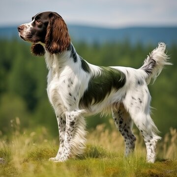 English Springer Spaniel standing on the green meadow in summer. English Springer Spaniel dog standing on the grass with a summer landscape in the background. AI generated illustration.