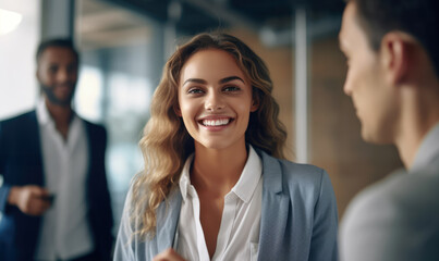Obraz premium Confident business woman smiling in office, successful executive professional created with AI