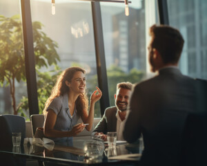 Group of professionals in a boardroom having a meeting, happy smiling having a discussion in modern office with large glass windows, generative AI