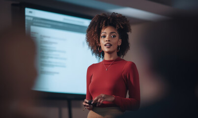 Confident african american woman giving a presentation at a seminar conference, showing her expertise and leadership to the audience generative AI