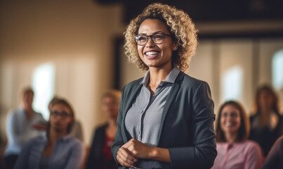 Smiling african american woman from the audience asking a question in a seminar conference, leading a interative discussion, created with generative AI