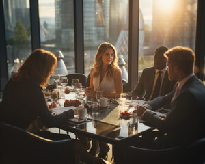 Female CEO business team dinner at a fancy restaurant, professionals bankers in suits created by AI - 619803819