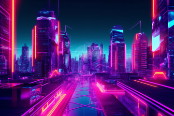 Bright neon colors futuristic city at night. Modern metropolis with skyscrapers with lights and luminous glowing
