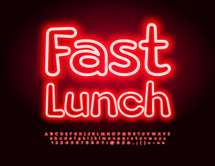Vector Neon Poster Fast Lunch. Bright Electric Font. Glowing Alphabet Letters and Numbers