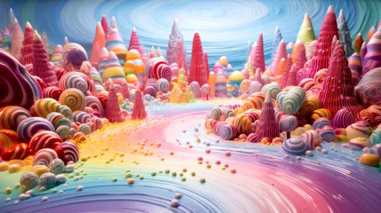 Zelfklevend Fotobehang Candy way landscape mountains in wonderland. Sweet sugary river with chewing cum and lollipop banks © Yumona
