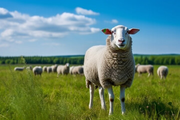 Fototapeta premium Sheep in a griin field in a sunny day