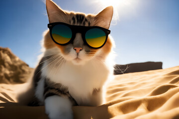 Cat in sunglasses on a beach