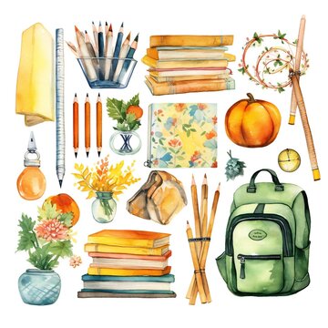 Watercolor pastel back to school clip art on white background Generative AI 