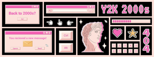 Trendy Y2K banner with retro stickers, computer windows, pixel elements, greek statue, vintage keyboard buttons and numbers.
