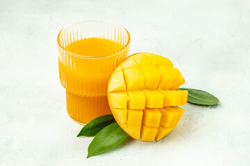 mango juice. Fresh tropical fruit smoothie on a white background. place for text, top view