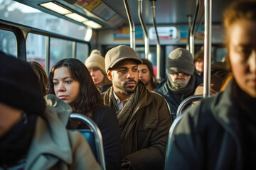 A diverse group of people commencing their morning commute on a city bus