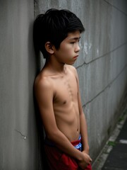 Fototapeta na wymiar Lonely asian teenager boy against an urban old wall. Young homeless boy. Generative AI