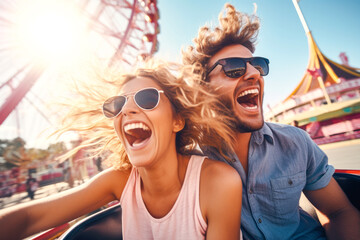 Excited couple enjoying a thrilling, high-speed ride at an amusement park, their laughter symbolizing the fun of a summer vacation