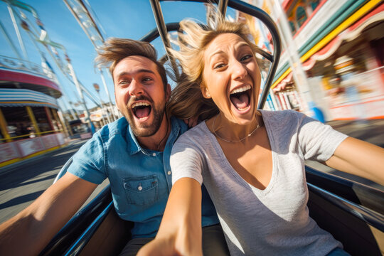 Excited couple enjoying a thrilling, high-speed ride at an amusement park, their laughter symbolizing the fun of a summer vacation