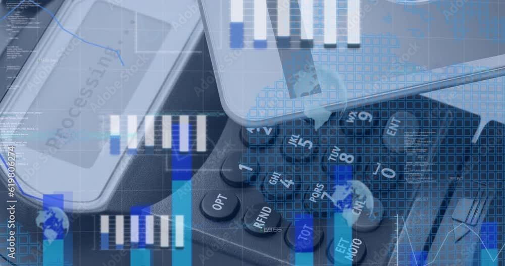 Poster animation of statistical data processing against smartphone making a payment throught nfc technology