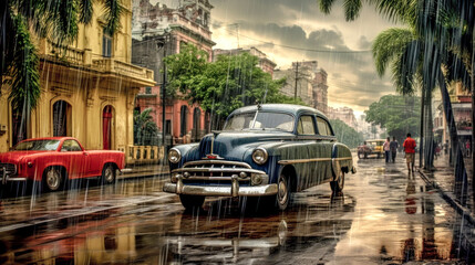 Fototapeta premium Old Cuba Classic American Cars on the Street of Havanna Abstract Illustration Wallpaper Background Generative AI KI Digital Art
