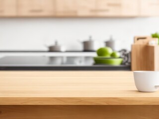 Fototapeta na wymiar Wood Table Top on Blurred Kitchen Background for Stylish Home. Generative AI.